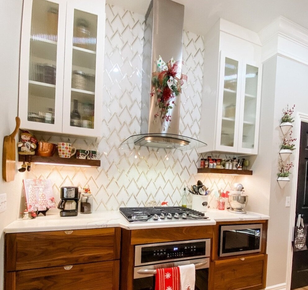 Home Coffee Bar Ideas with textured tiles or mirrored backsplashes