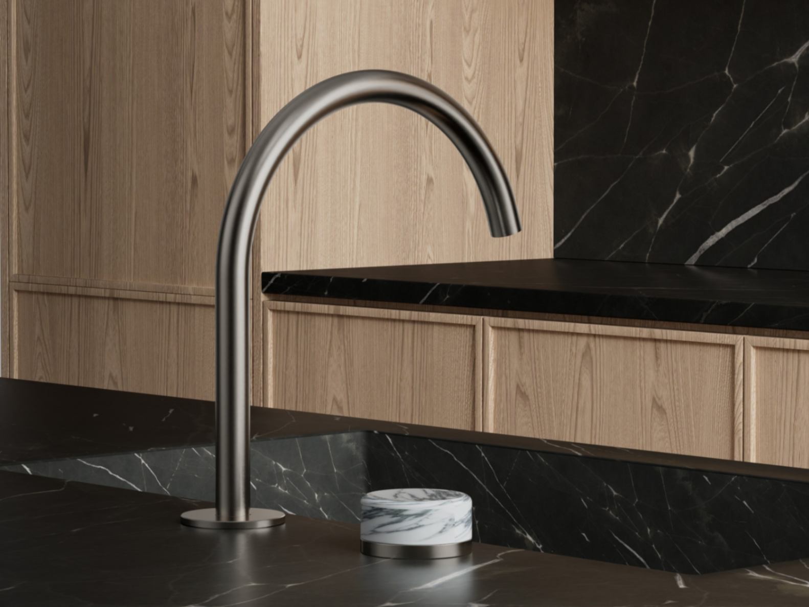 Serenity Progressive Kitchen Mixer Arc Spout With Arabescato Corchia Handle Gun Metal