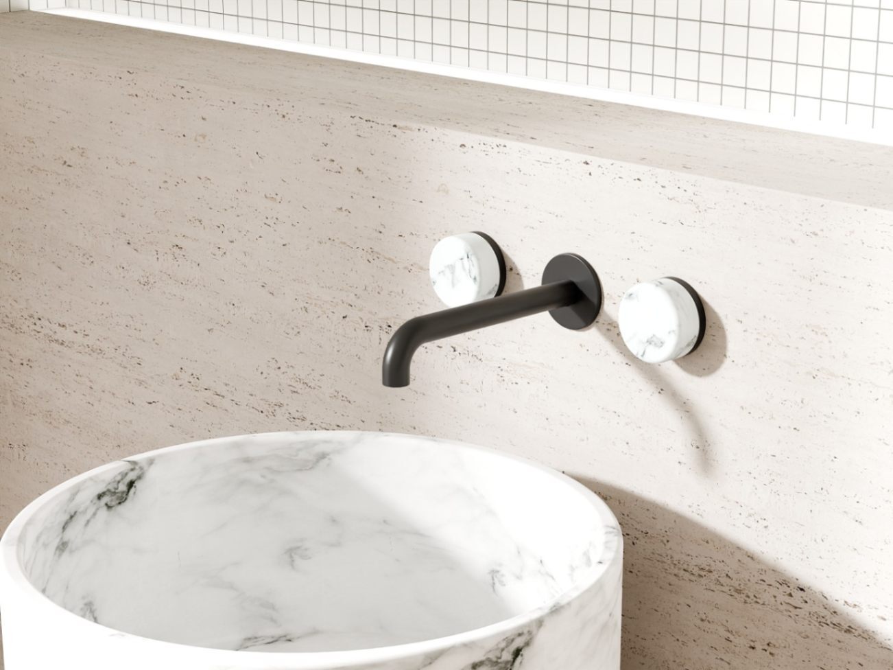 Serenity arabescato corchia matt black wall basin set in a bathroom