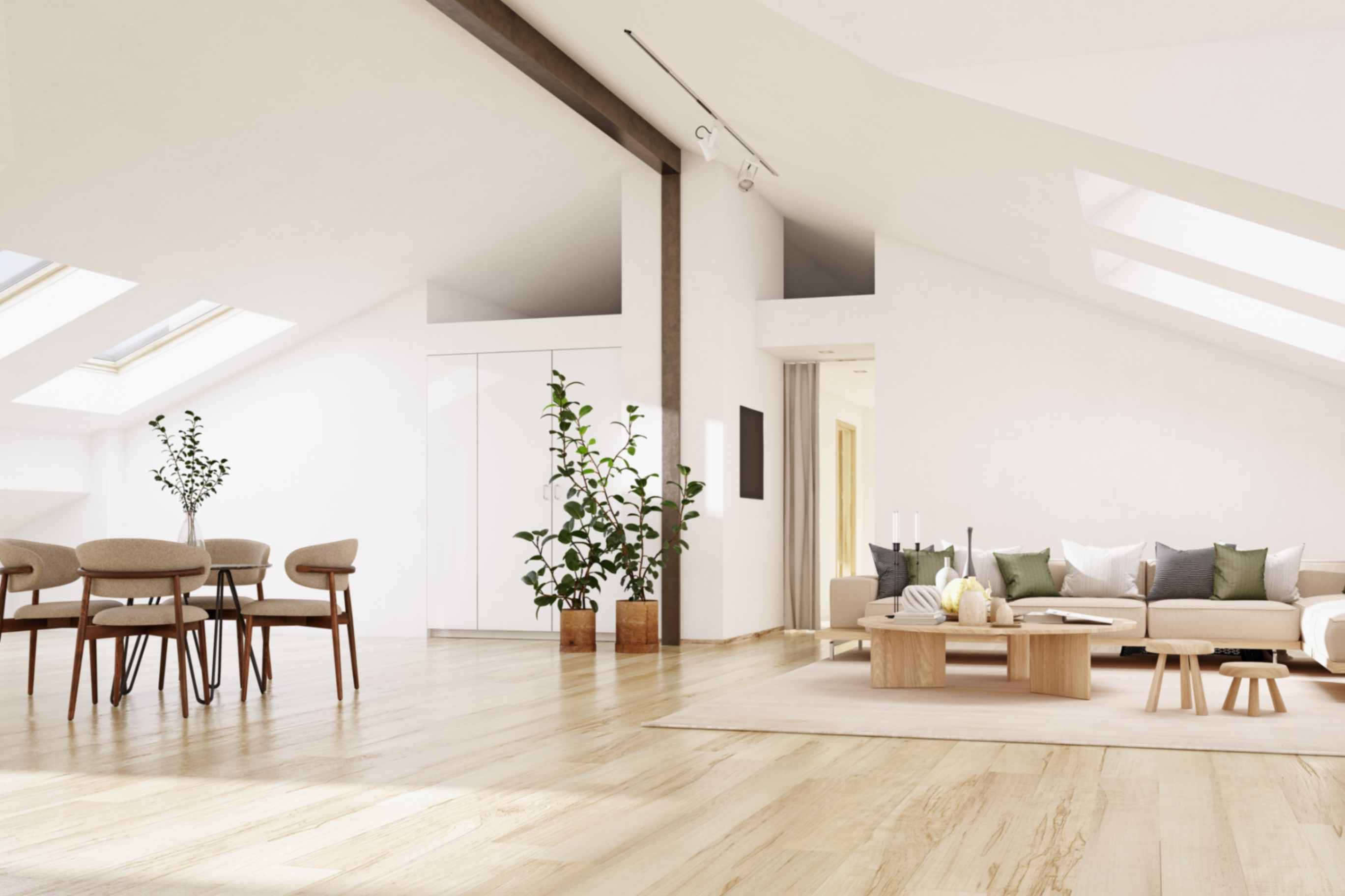 Types of Raked Ceilings, featuring a bright minimalist loft living room with a raked ceiling