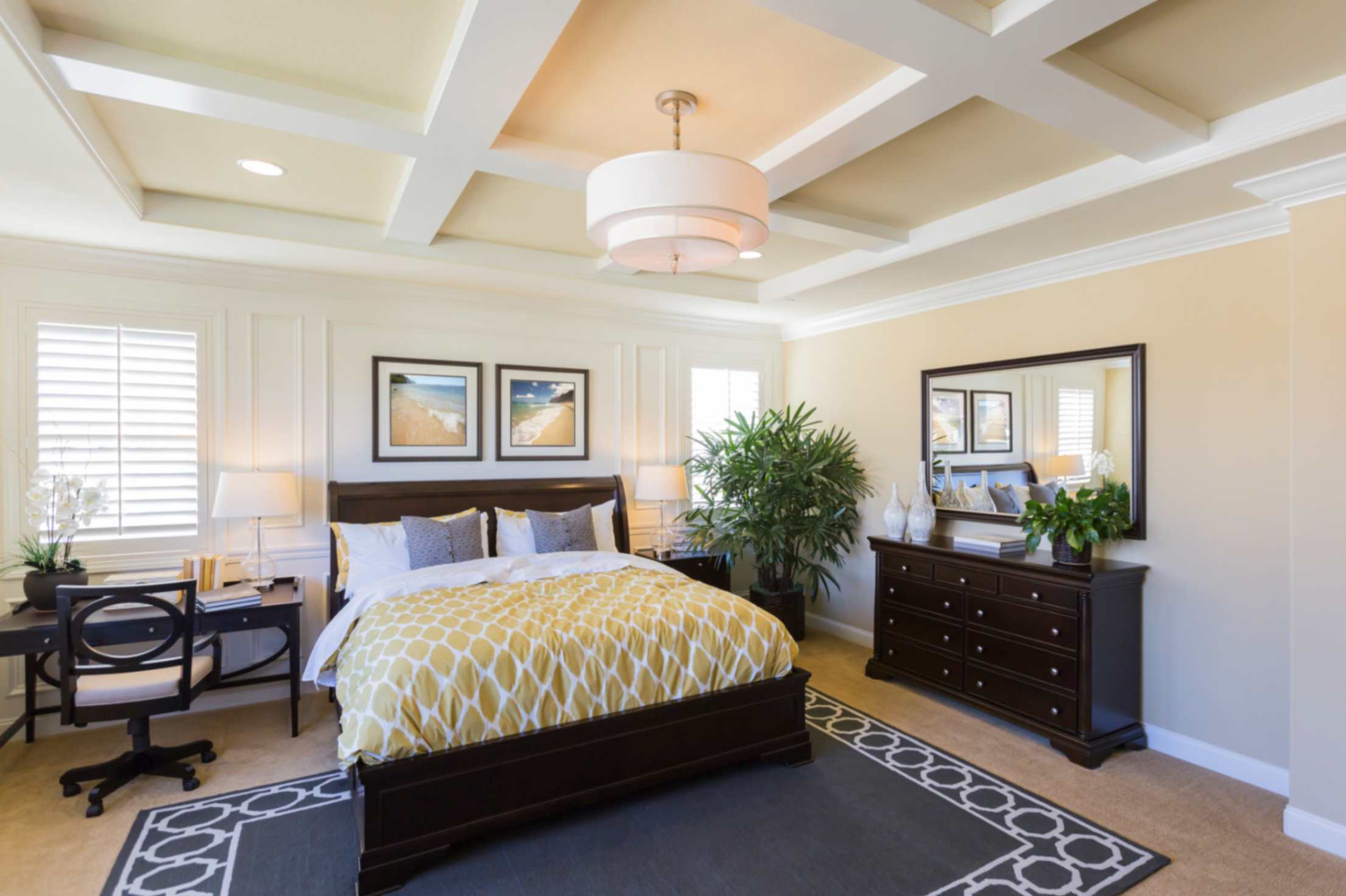 How to Build a DIY Coffered Ceiling, featuring a master bedroom with a coffered ceiling