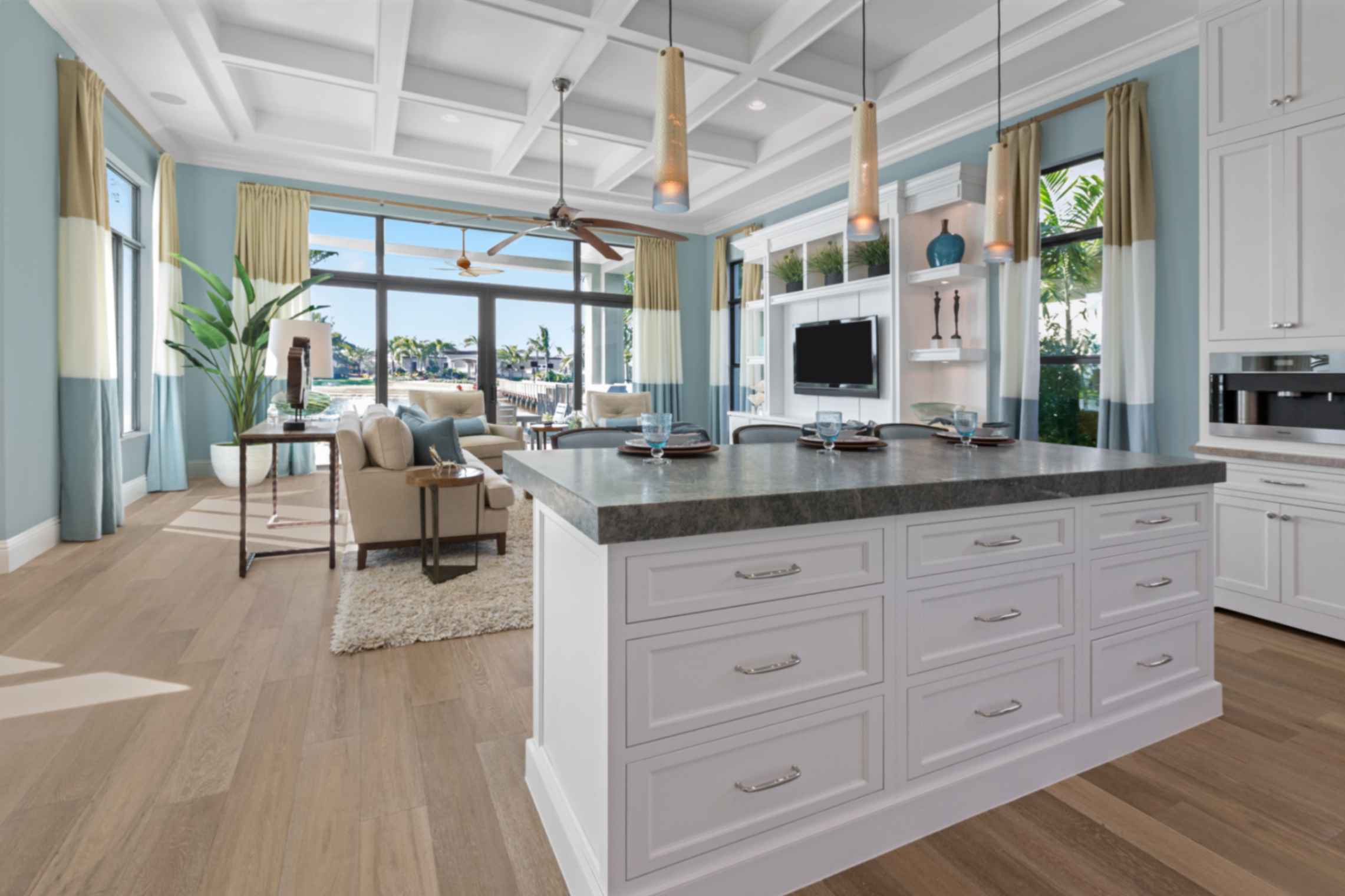 Coffered Ceiling Design Ideas and Inspirations, featuring a modern beige and white kitchen