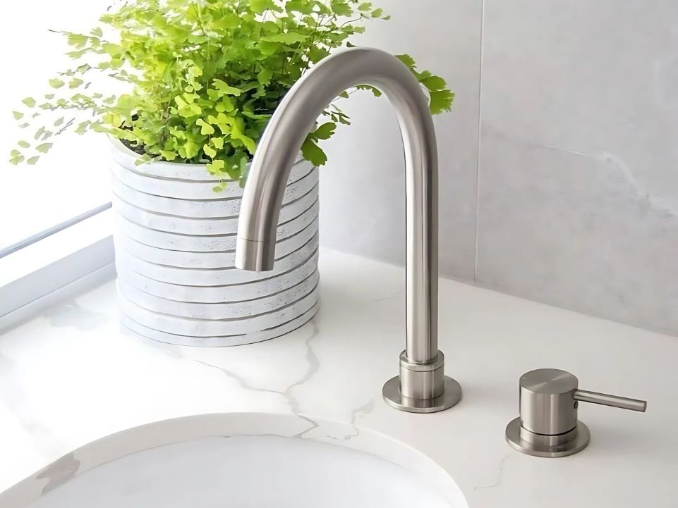 All white kitchen sink with a plant on the countertop