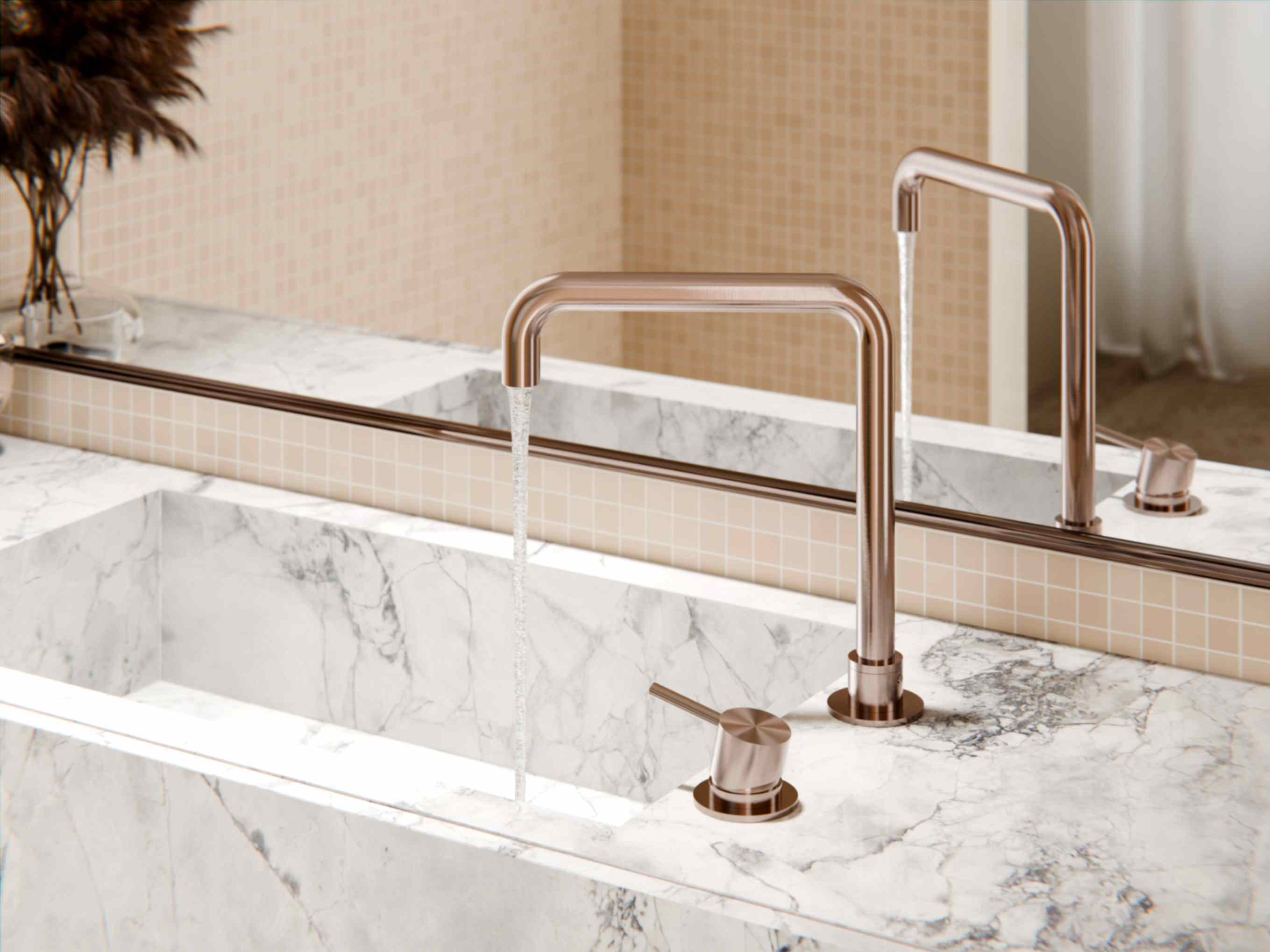 Arabescato corchia marble bathroom vanity top featuring Nero Tapware’s Mecca Brushed Bronze Bathroom Tapware