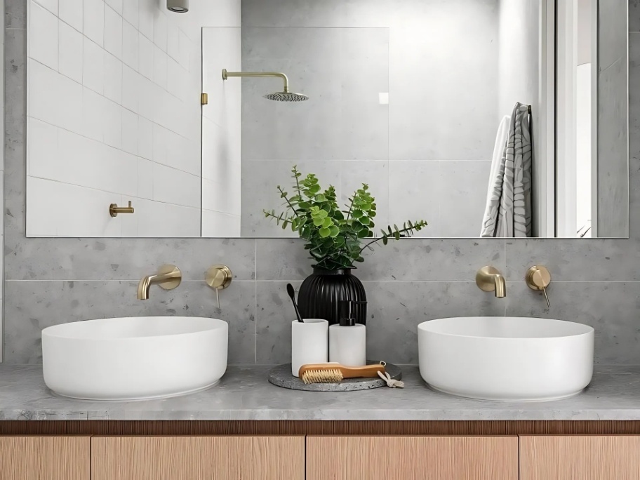 Bathroom with grey tiles white sinks nero taps and a plant at the center