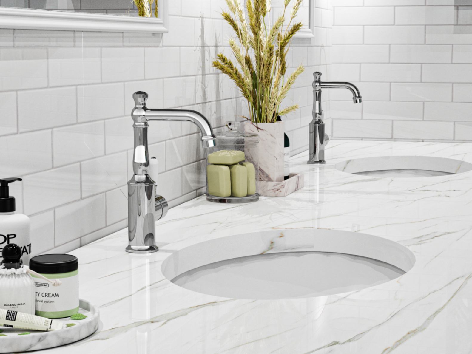 Bright Australian bathroom with white marble vanity top and Nero Tapware’s chrome York basin mixer