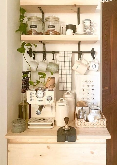 budget friendly home coffee bar Ideas using decorative trays