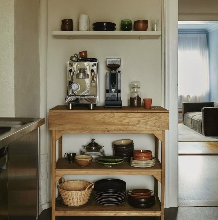 Home Coffee Bar with tiered shelves for coffee machines and canisters