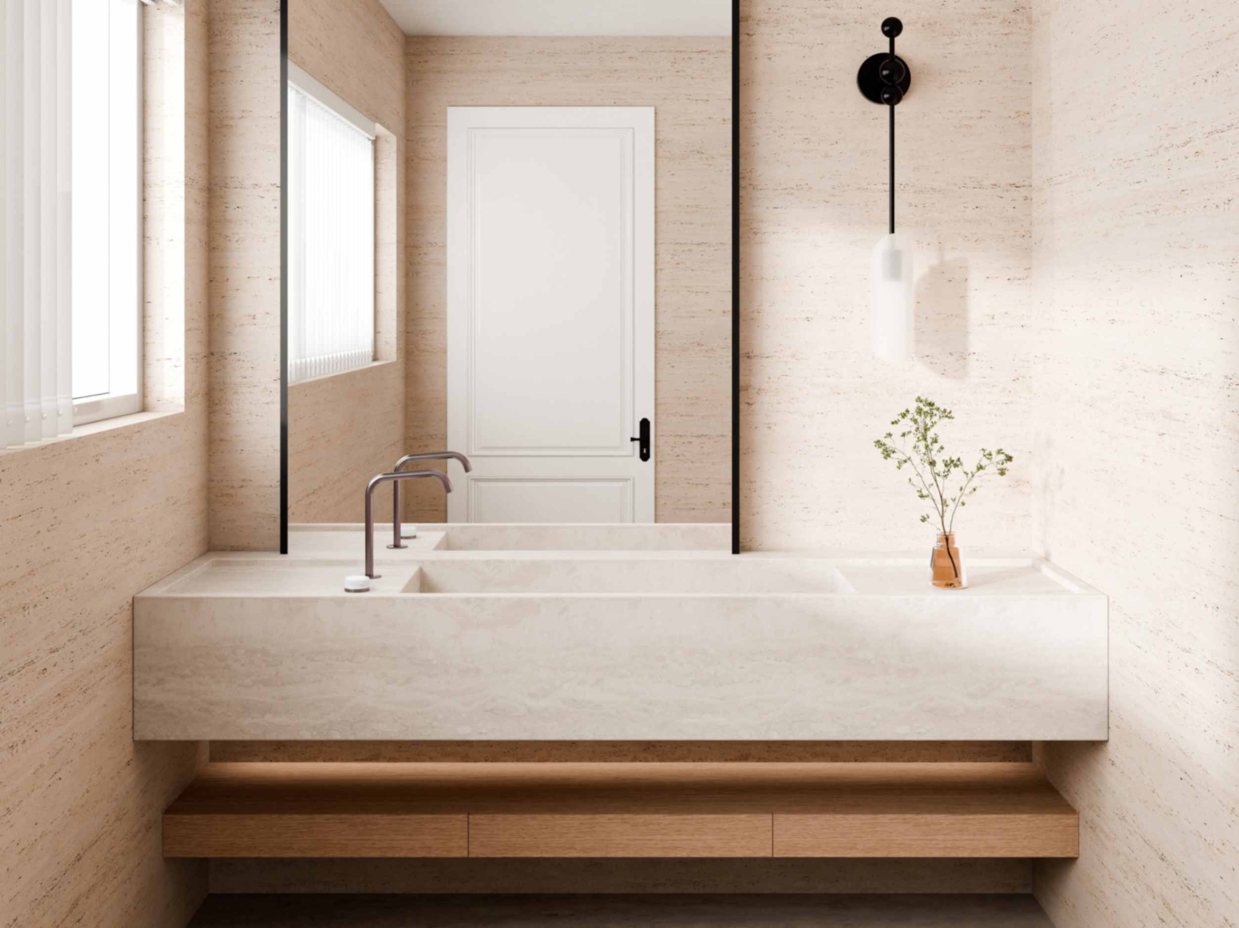 Compact Australian Bathroom with Floating Marble vanity top and warm tones