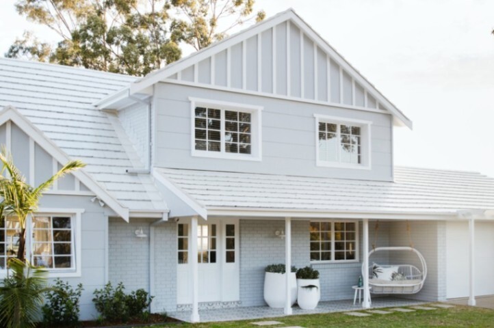 front exterior of Hamptons project. Double storey home with Dulux White on White trims and front door