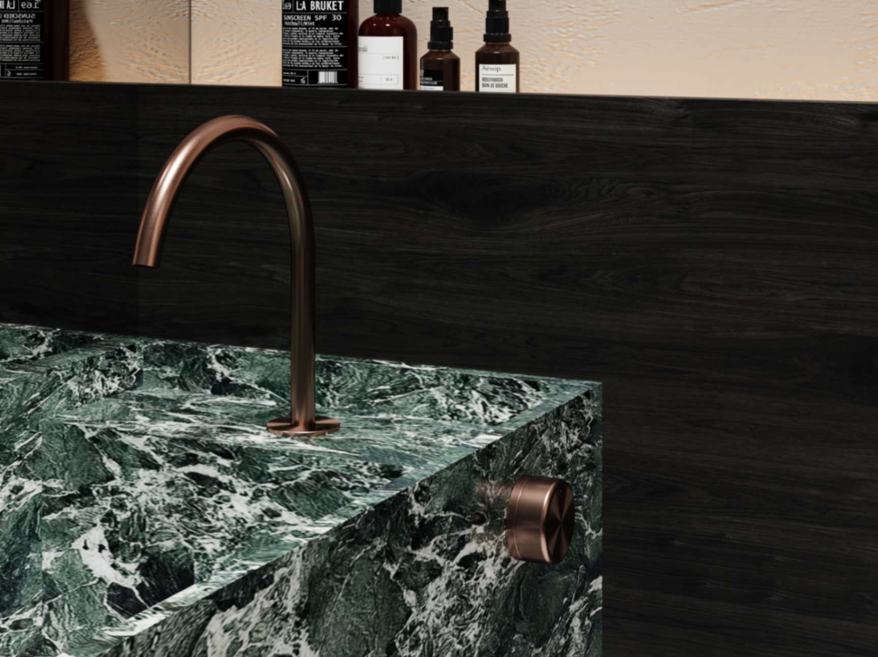 Green verdi alpi marble vanity top with brushed bronze tapware