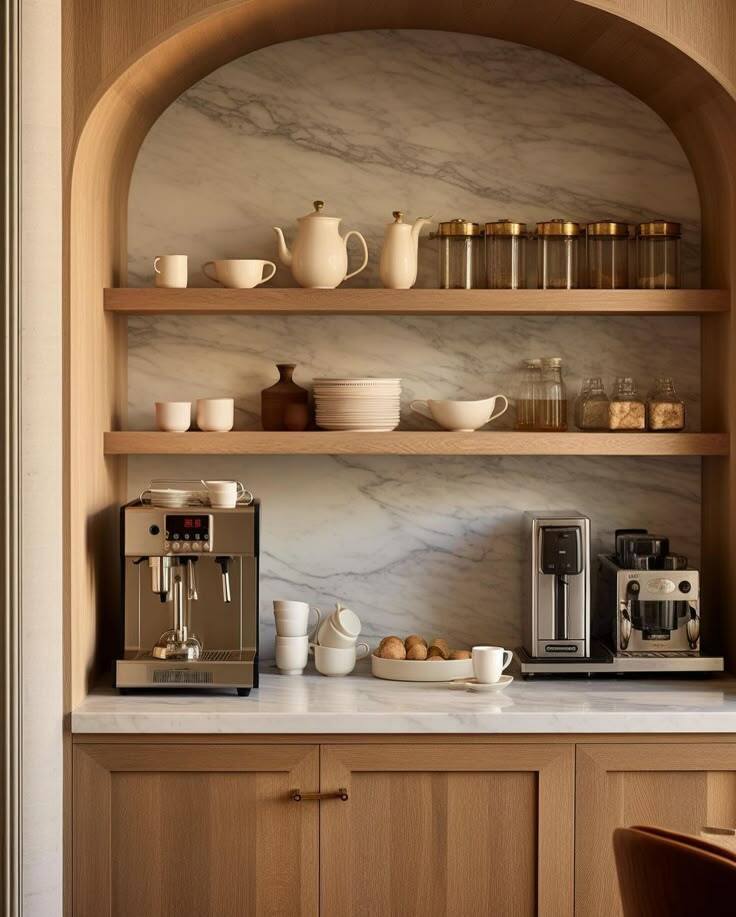 Home coffee bar in alcoves with cabinetry and subway tiles