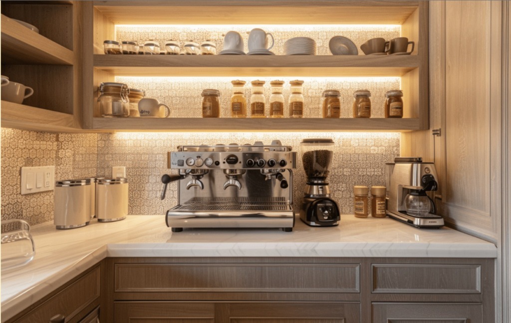 luxurious Home Coffee Bar Ideas with backlit cabinets