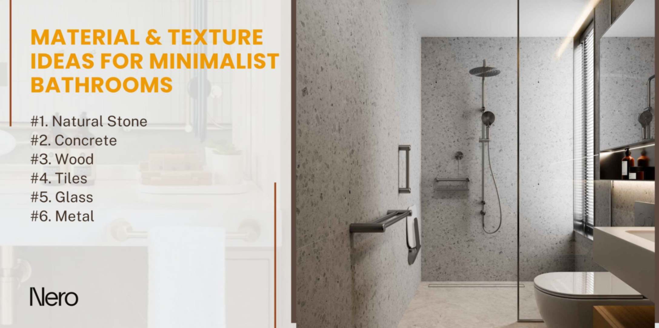 material & texture ideas for minimalist bathrooms: natural stone, concrete, wood, tiles, glass, metal