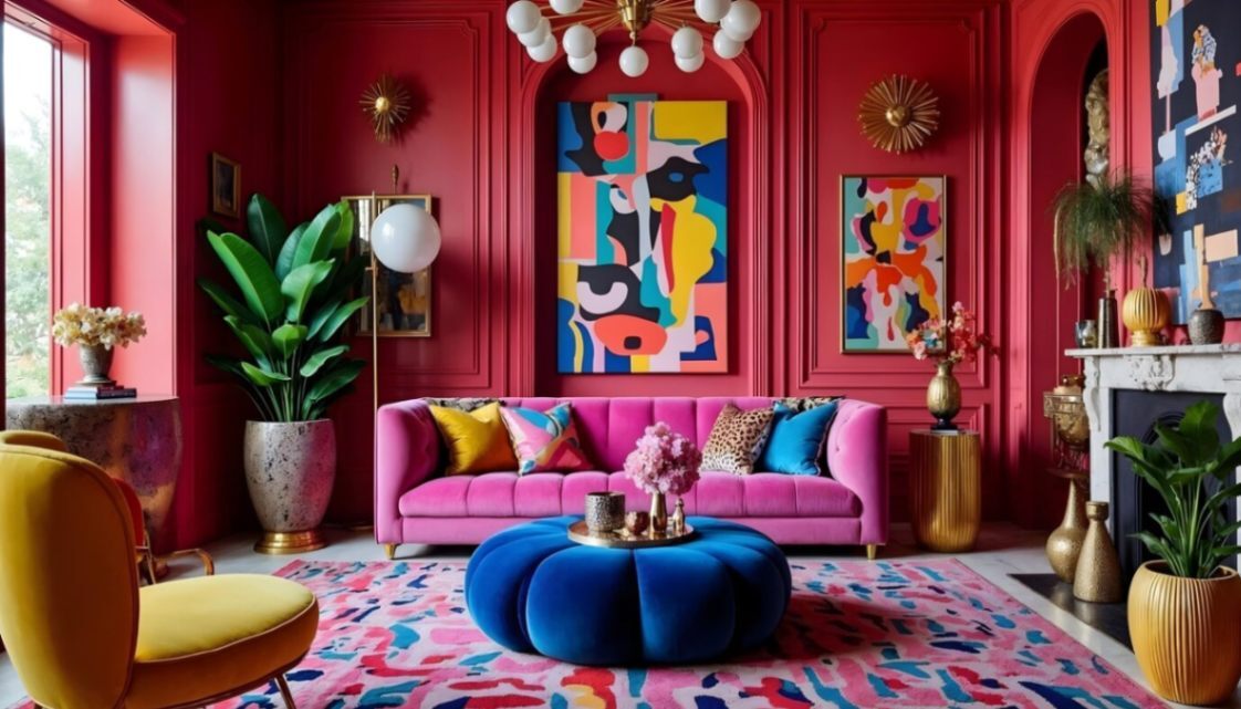 maximalist living room design with vibrant walls and artistic flooring