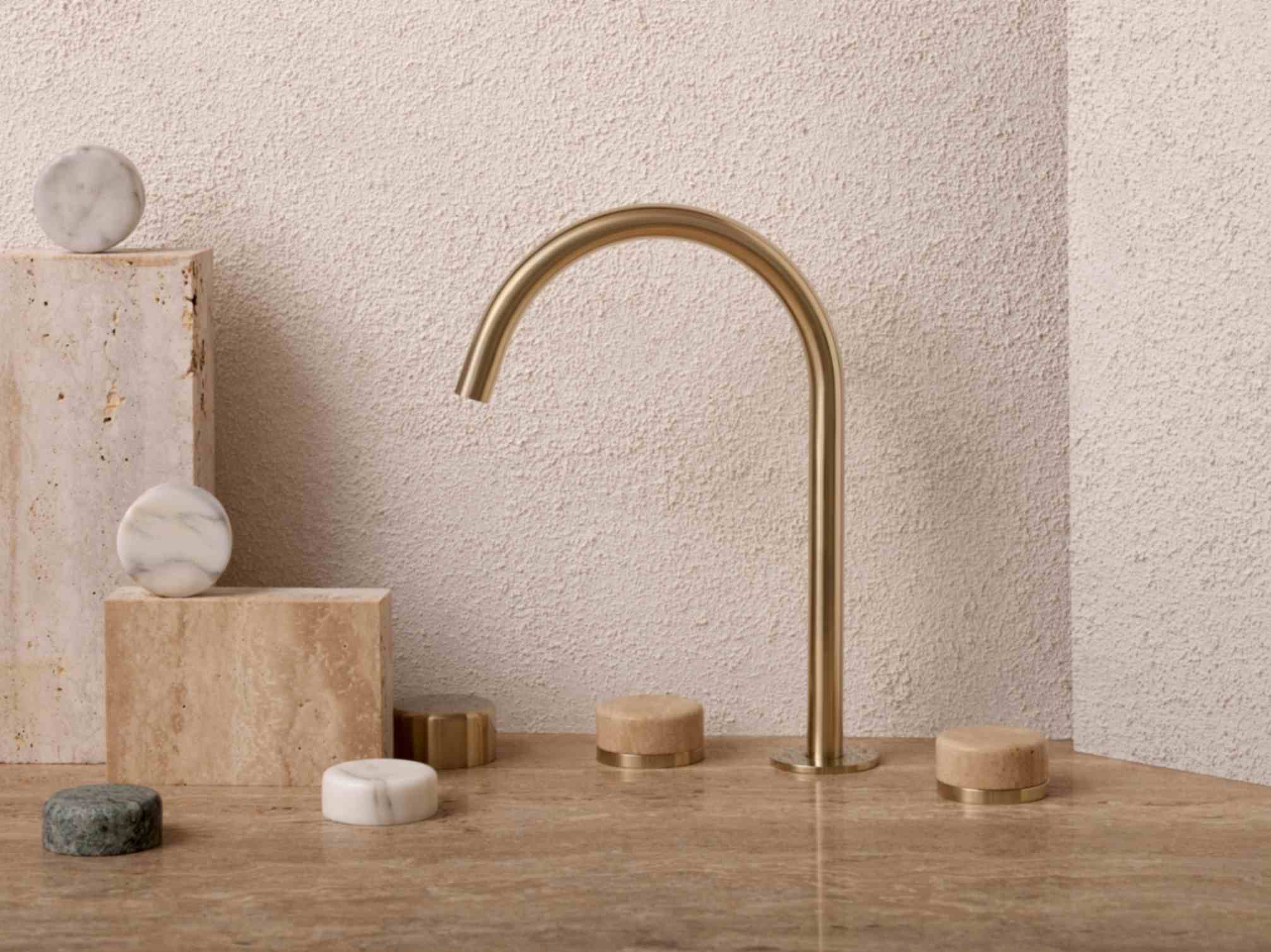 Nero Tapware’s Serenity collection with marble handles in Carrara marble, Marquina black marble, Arabescato Corchia, & Verde Alpi green marble