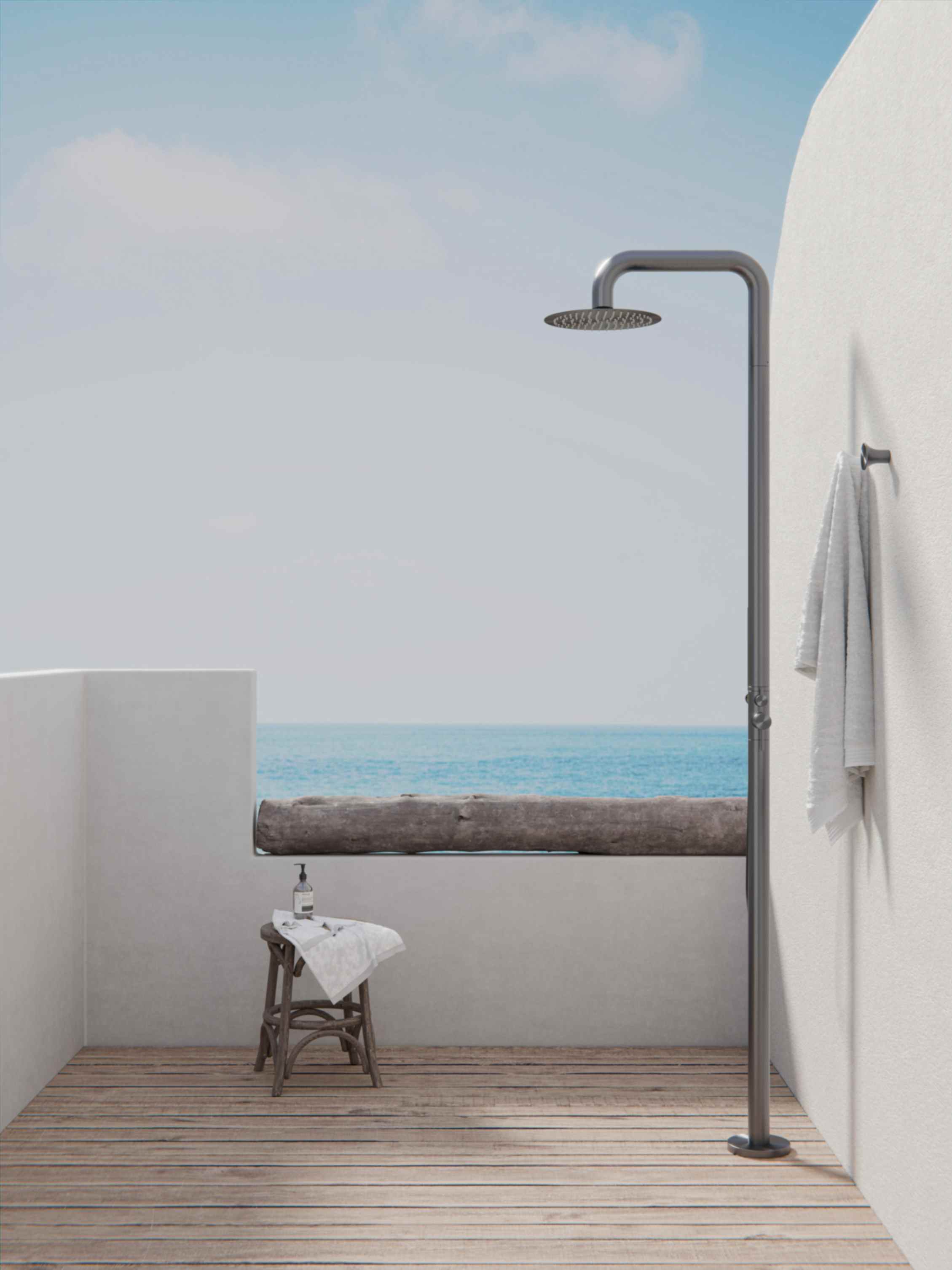 outdoor shower design by the sea featuring Nero Tapware’s Zen outdoor shower