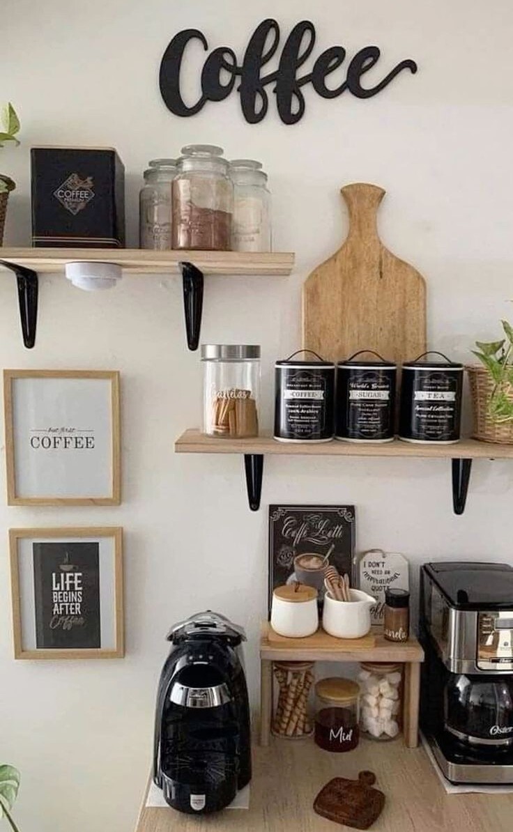 Rustic Home Coffee Station Ideas with floating shelves
