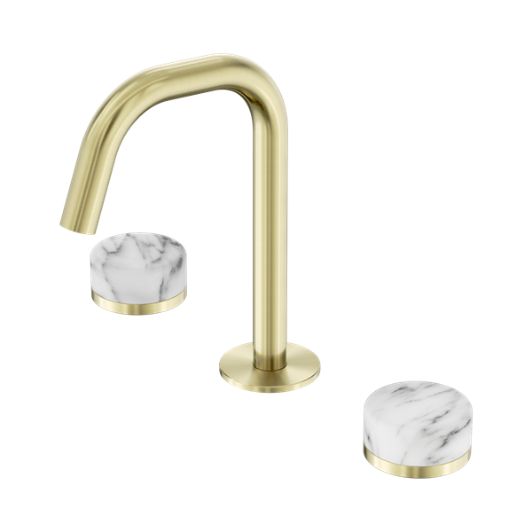 24 D026 BG Serenity Basin Set Edge Spout With Arabescato Corchia Handle Brushed Gold Thumb