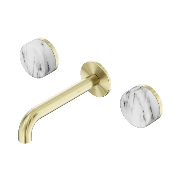 24 D038 BG Serenity Wall Basin Set 160mm Spout With Arabescato Corchia Handle Brushed Gold Thumb