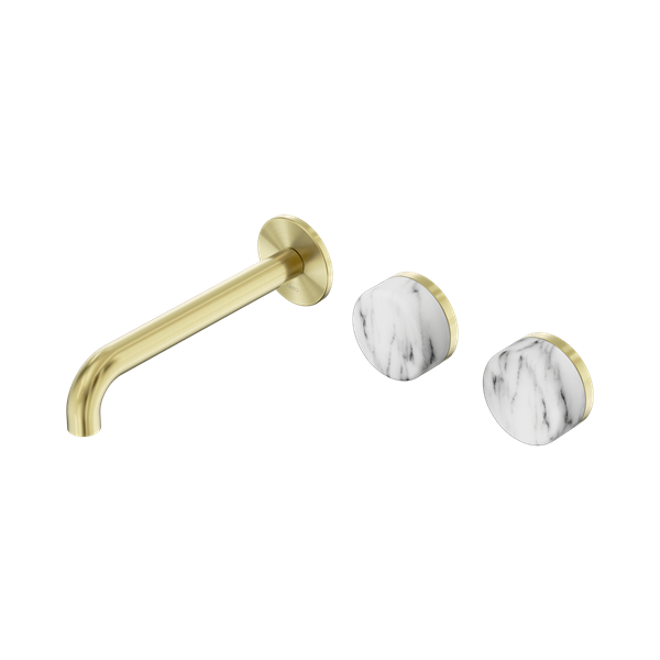 24 D062 BG Serenity Wall Basin Set 185mm Offset Spout With Arabescato Corchia Handle Brushed Gold Thumb