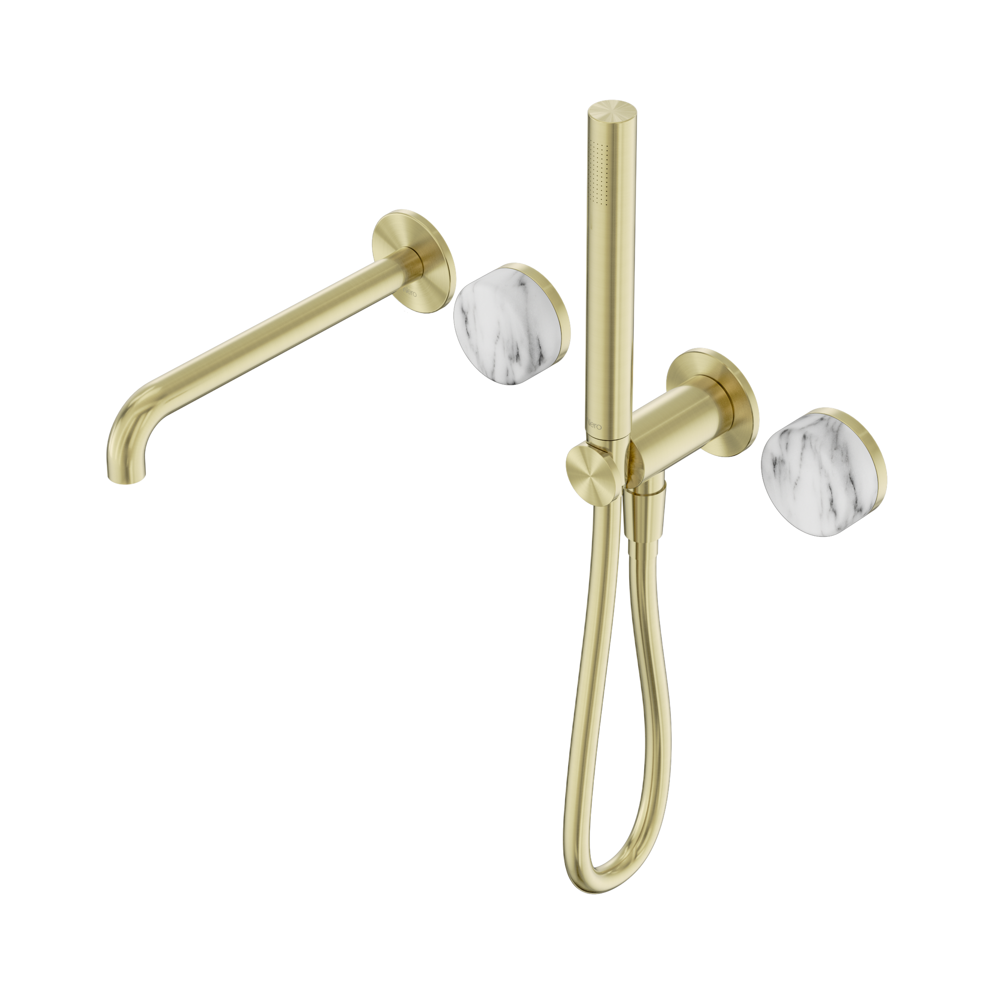 24 E010 BG Serenity Progressive Shower System With Spout With Arabescato Corchia Handle And Slim Shower Brushed Gold image 1
