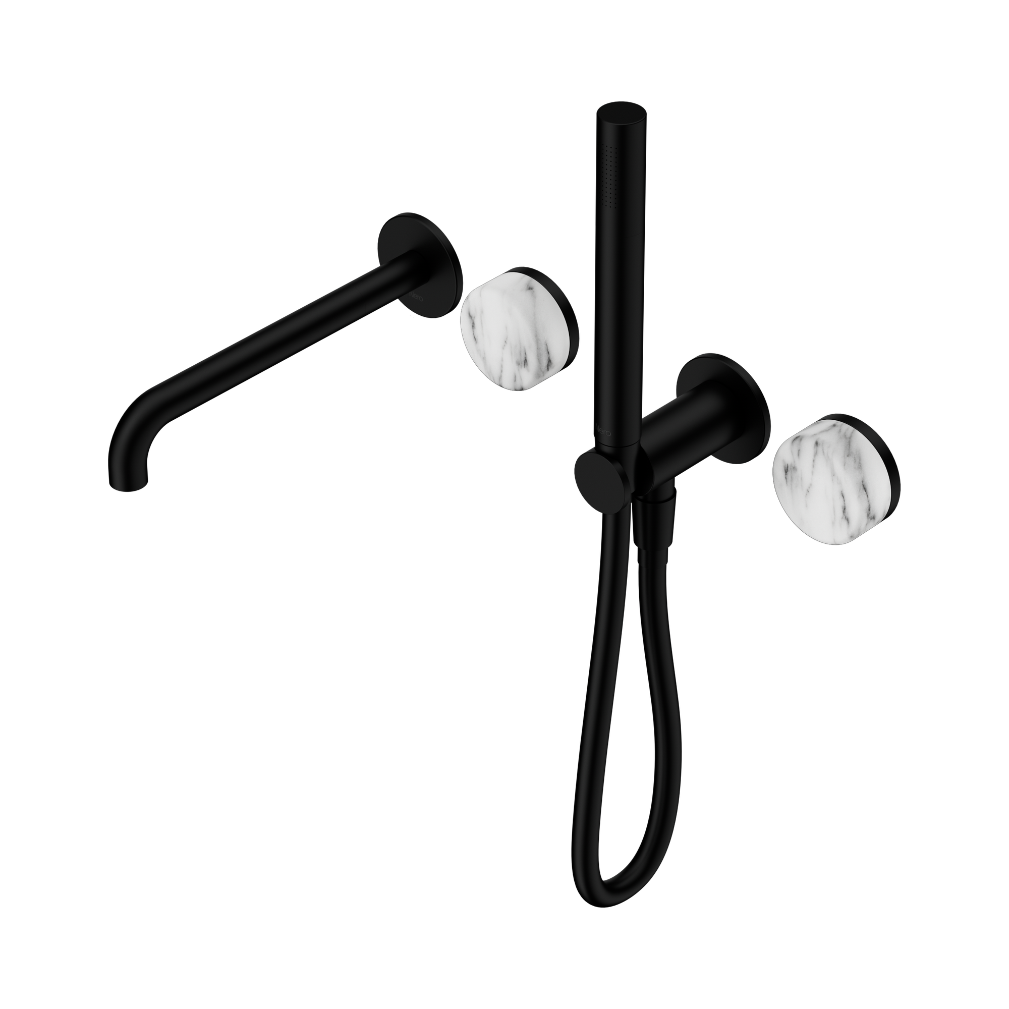 24 E010 MB Serenity Progressive Shower System With Spout With Arabescato Corchia Handle And Slim Shower Matte Black image 1