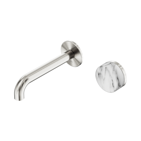 24 E064 BN Serenity Progressive Wall Basin Mixer 160mm Spout With Arabescato Corchia Handle Brushed Nickel Thumb