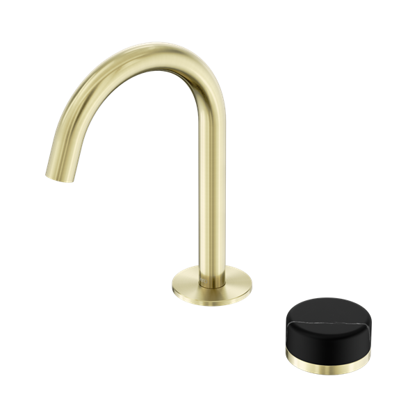 24 E133 BG Serenity Progressive Basin Mixer Arc Spout With Marquina Black Handle Brushed Gold Thumb