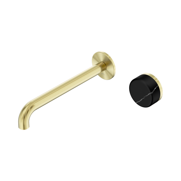 24 E140 BG Serenity Progressive Wall Basin Mixer 220mm Spout With Marquina Black Handle Brushed Gold Thumb