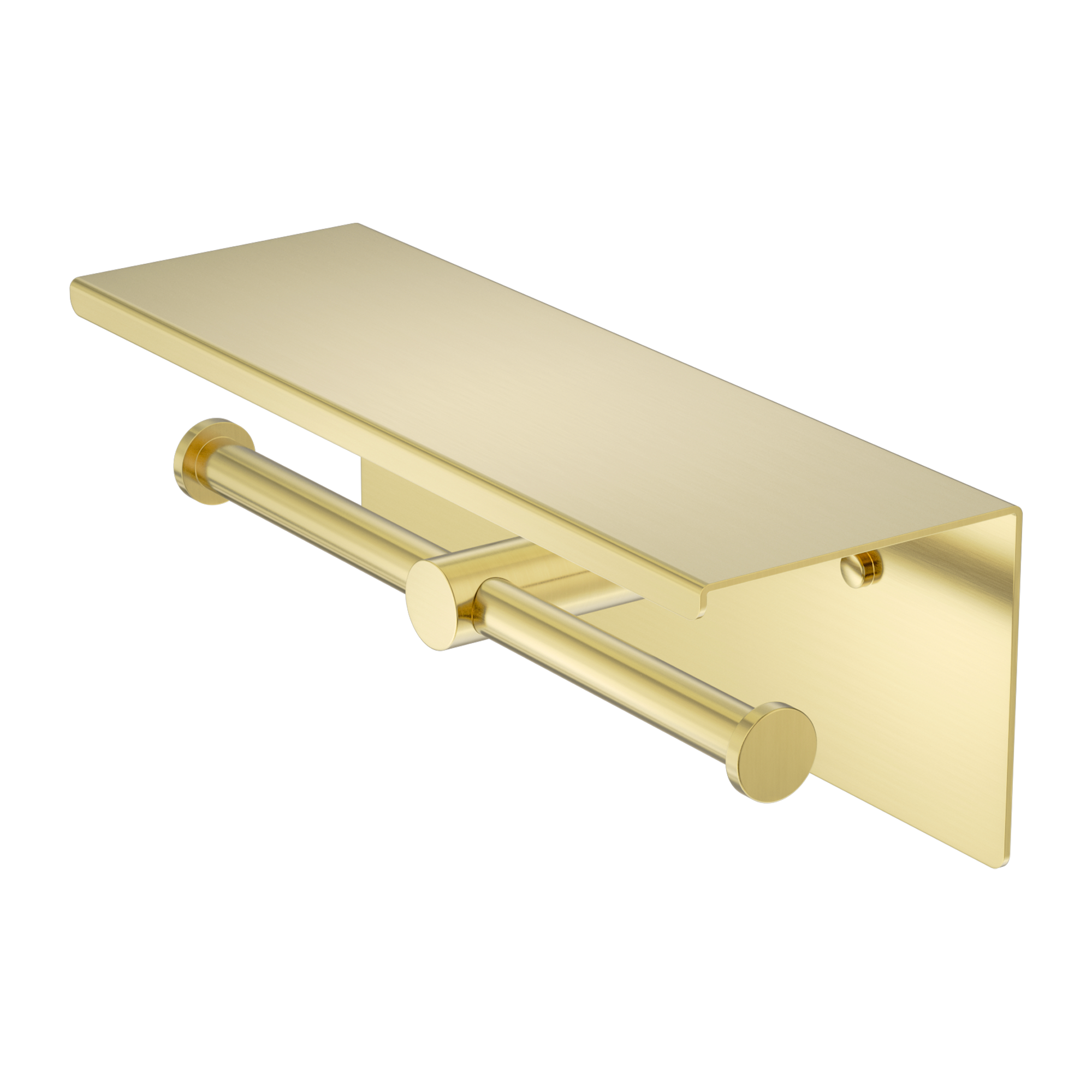 NR1986e BG Mecca Double Toilet Roll Holder With Shelf Brushed Gold image 1