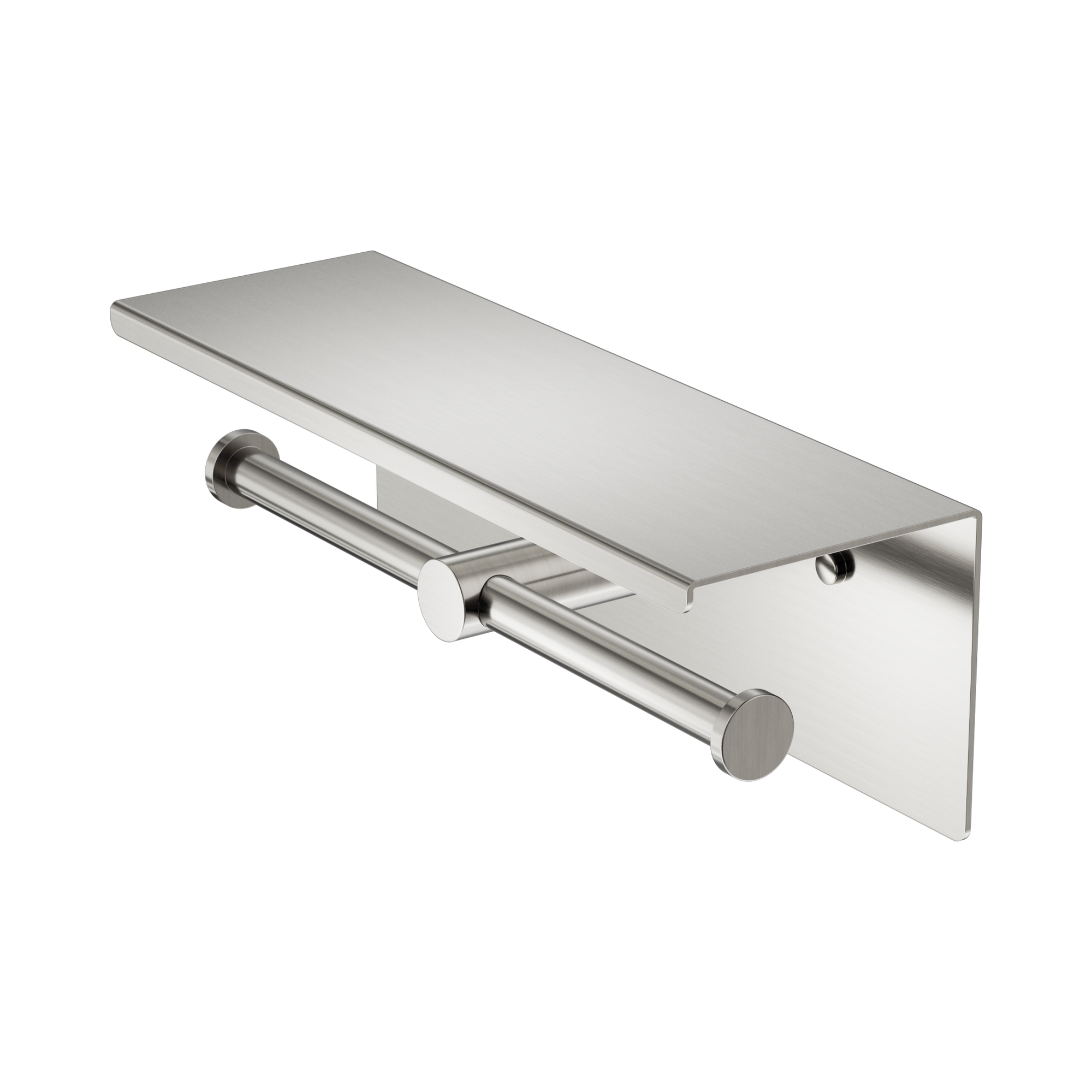 NR1986e BN Mecca Double Toilet Roll Holder With Shelf Brushed Nickel image 1
