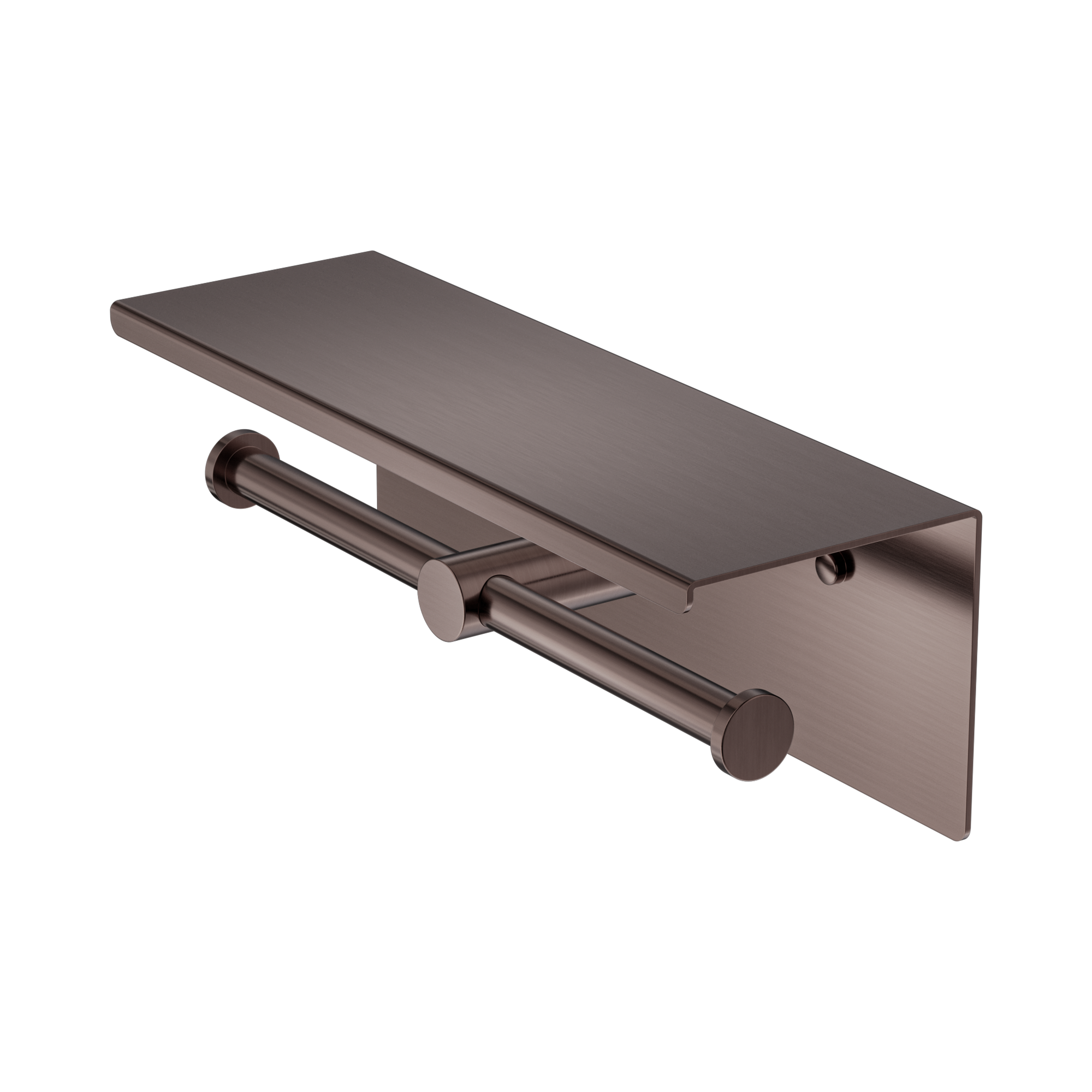 NR1986e BZ Mecca Double Toilet Roll Holder With Shelf Brushed Bronze image 1