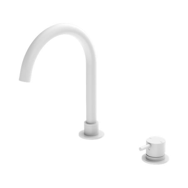 NR221901b MW Mecca Hob Basin Mixer Round Swivel Spout Matte White Thumb