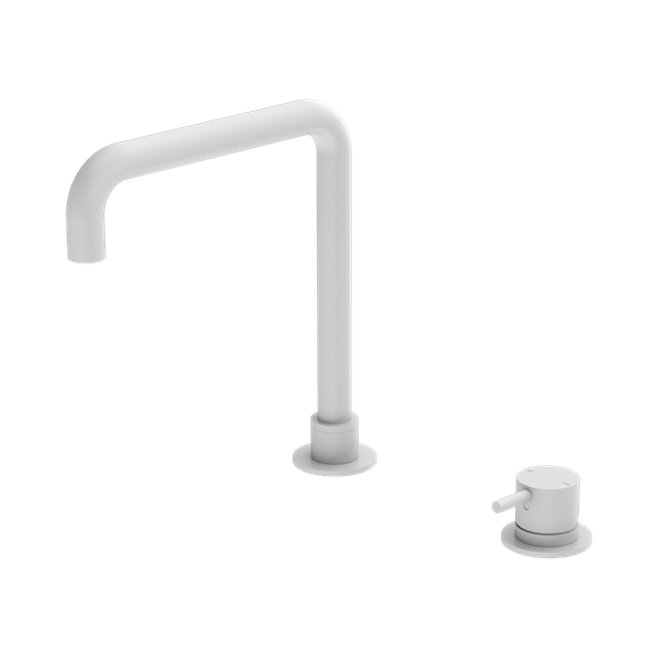 NR221901c MW Mecca Hob Basin Mixer Square Swivel Spout Matte White Thumb