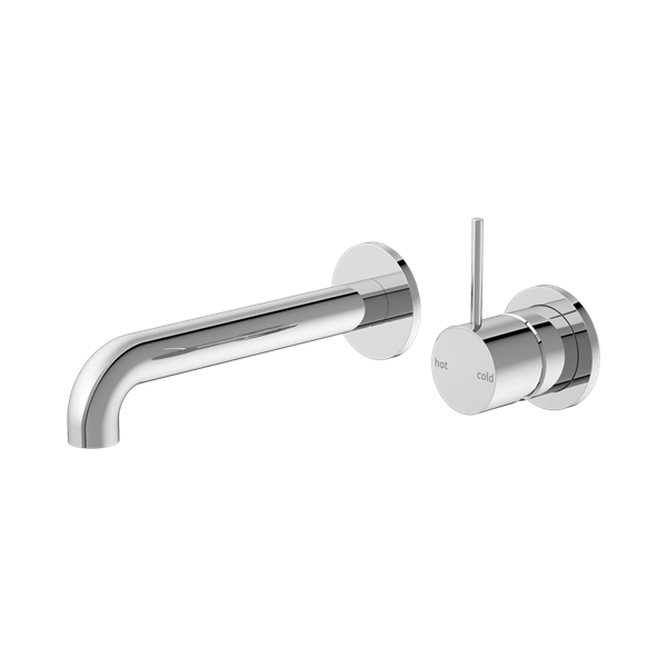 NR221907d230 CH Mecca Wall Basin Mixer Separate Back Plate Handle Up 230mm Spout Chrome Thumb