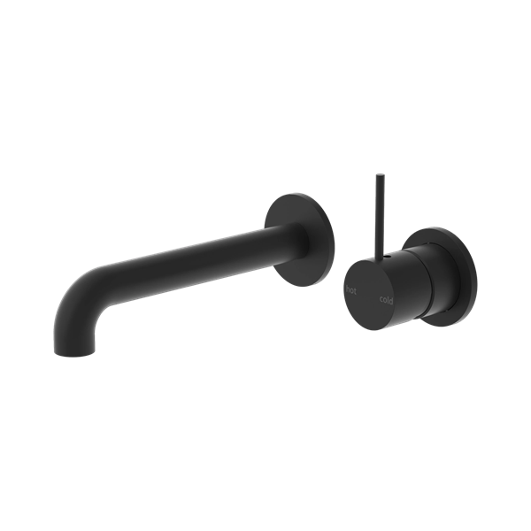 NR221907d230 MB Mecca Wall Basin Mixer Separate Back Plate Handle Up 230mm Spout Matte Black Thumb