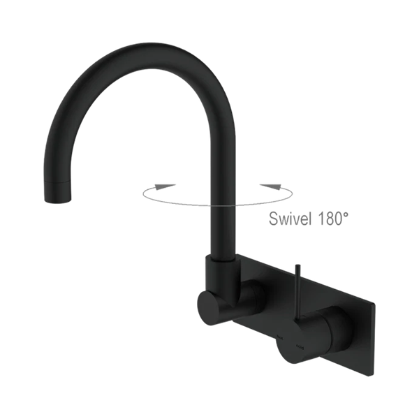 NR221909p MB Mecca Wall Basin Mixer Swivel Spout Handle Up Matte Black Thumb