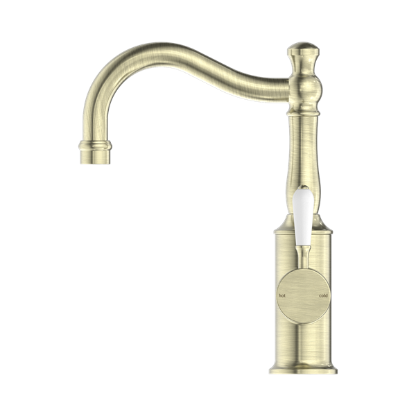 NR69210201 AB York Basin Mixer Hook Spout With White Porcelain Lever Aged Brass Thumb