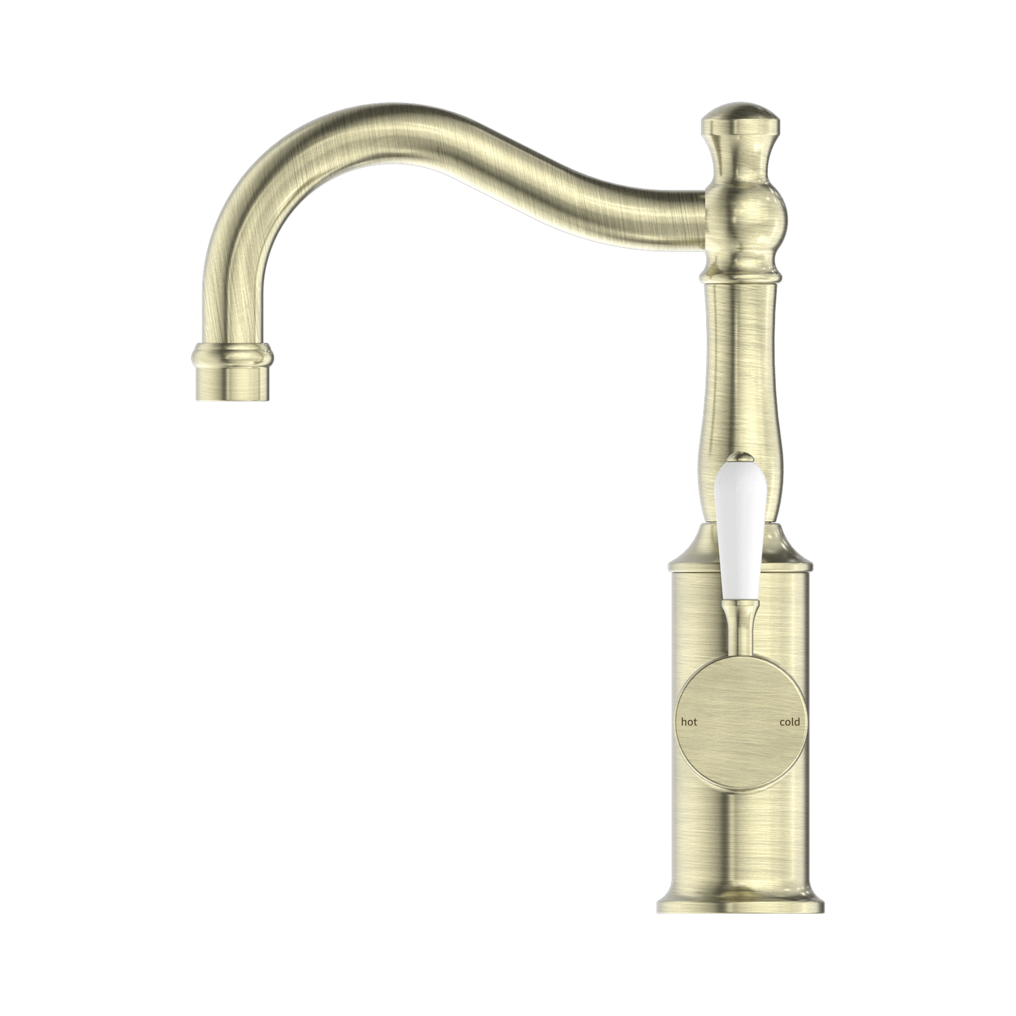 NR69210201 AB York Basin Mixer Hook Spout With White Porcelain Lever Aged Brass image 1