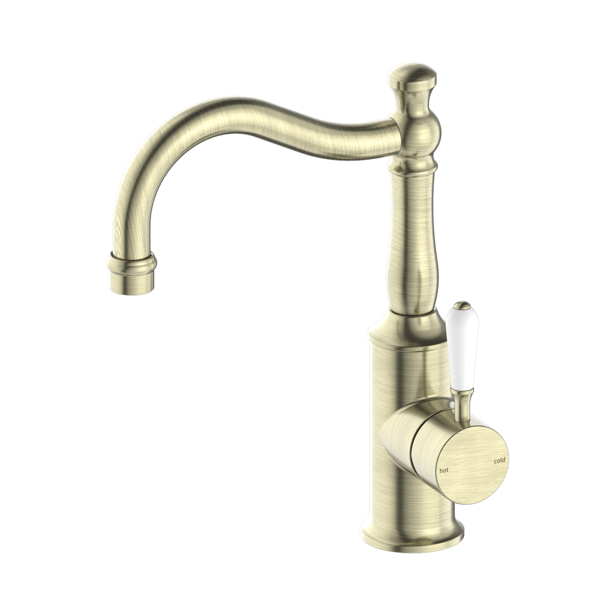 NR69210201 AB York Basin Mixer Hook Spout With White Porcelain Lever Aged Brass image 3