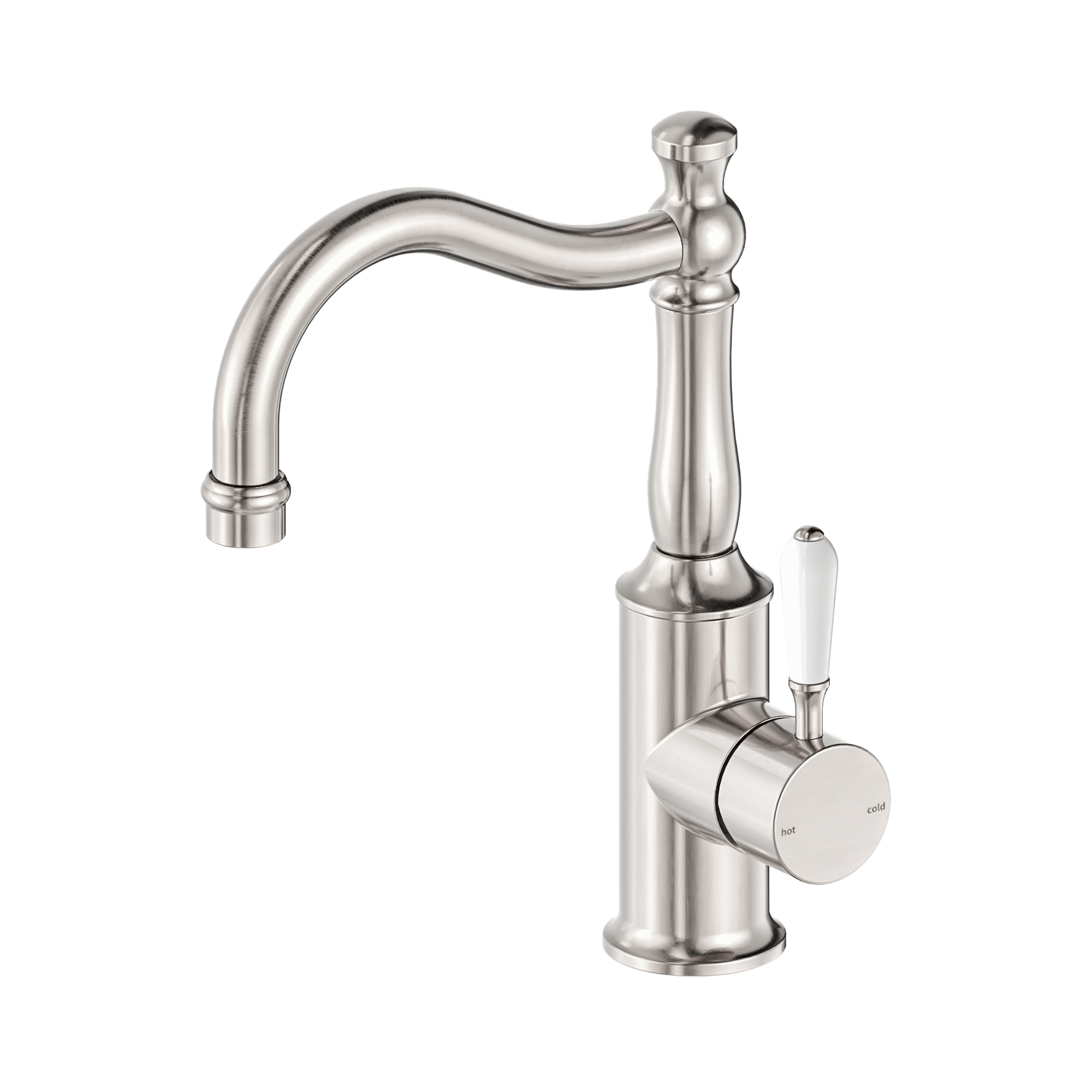 NR69210201 BN York Basin Mixer Hook Spout With White Porcelain Lever Brushed Nickel image 1