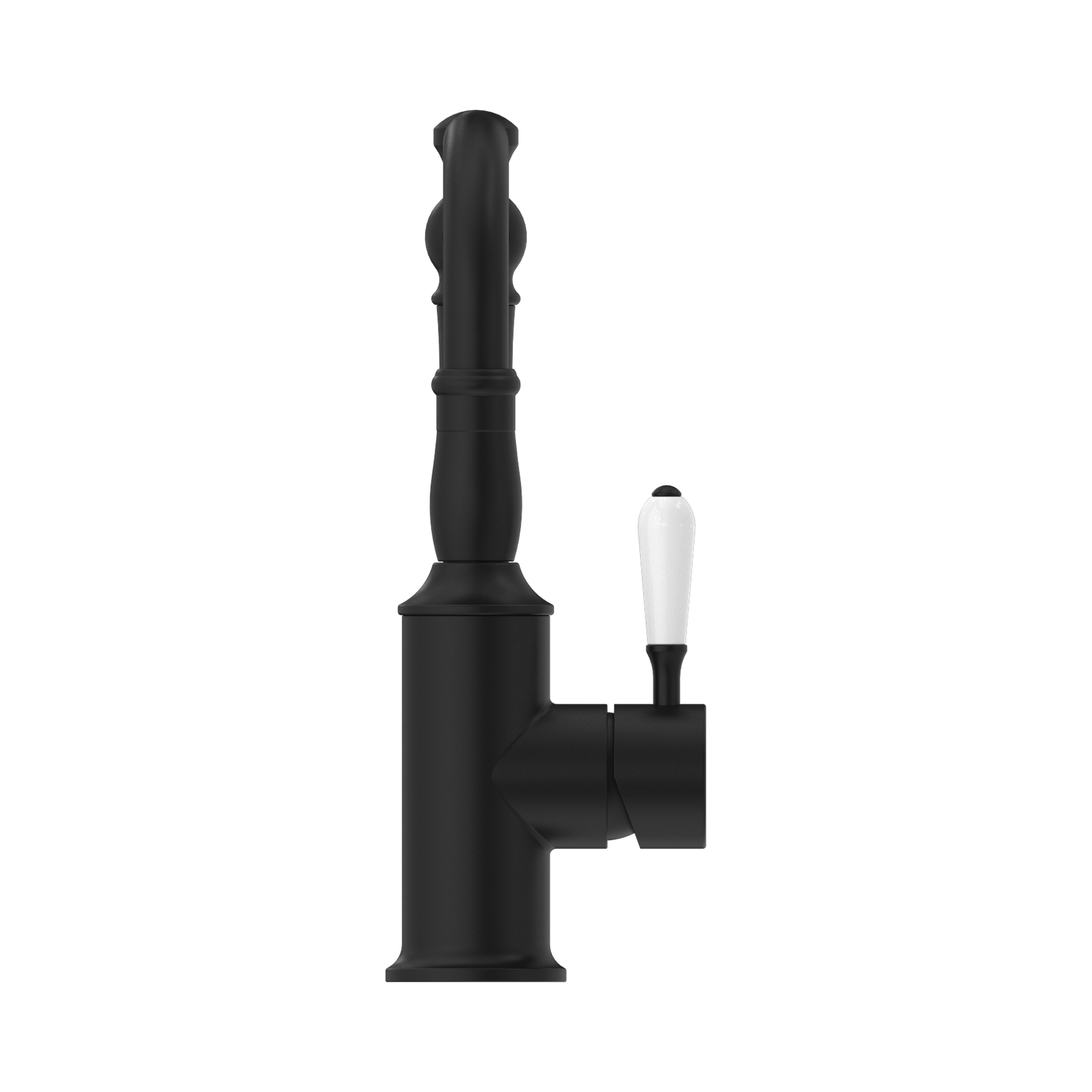 NR69210201 MB York Basin Mixer Hook Spout With White Porcelain Lever Matte Black image 2