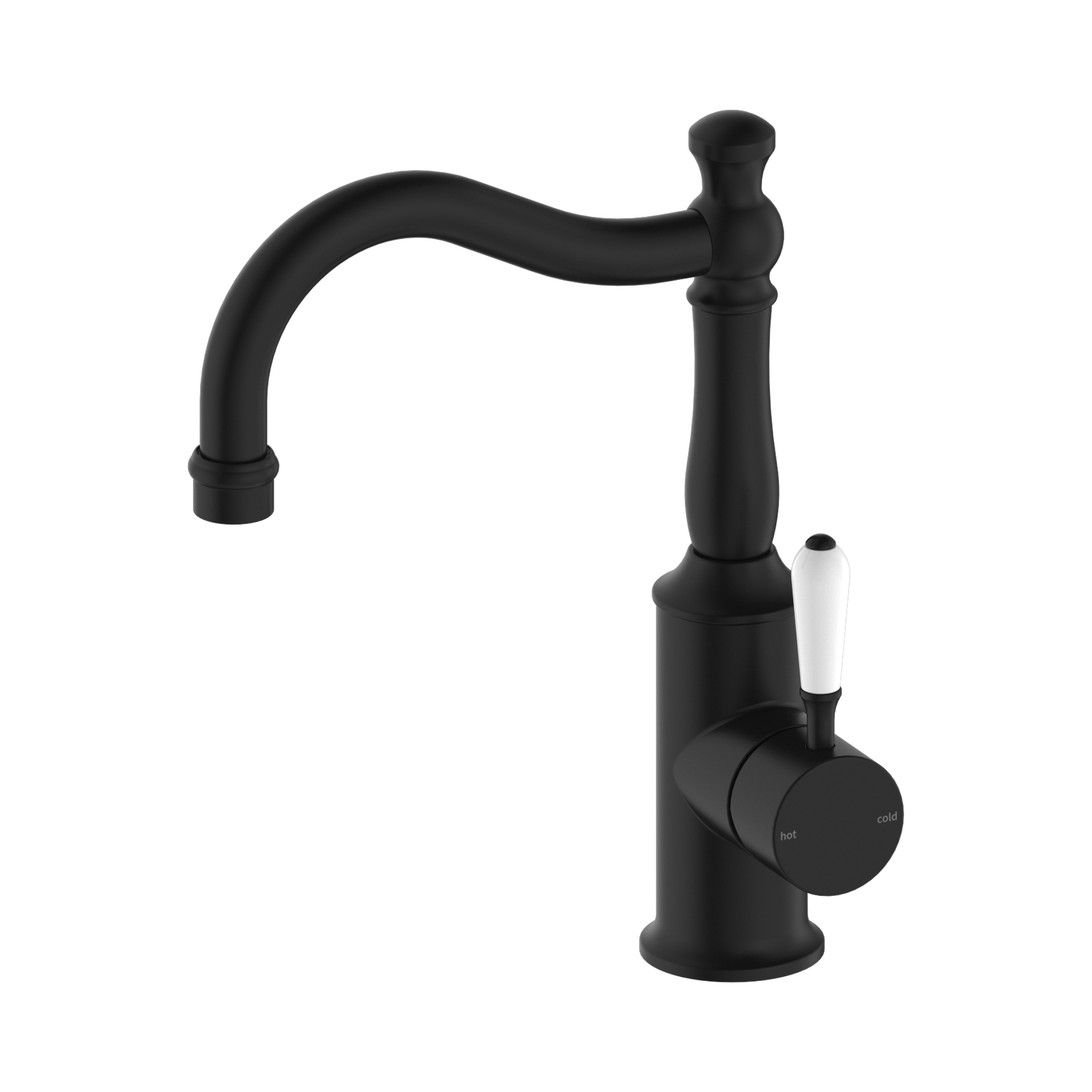 NR69210201 MB York Basin Mixer Hook Spout With White Porcelain Lever Matte Black image 3