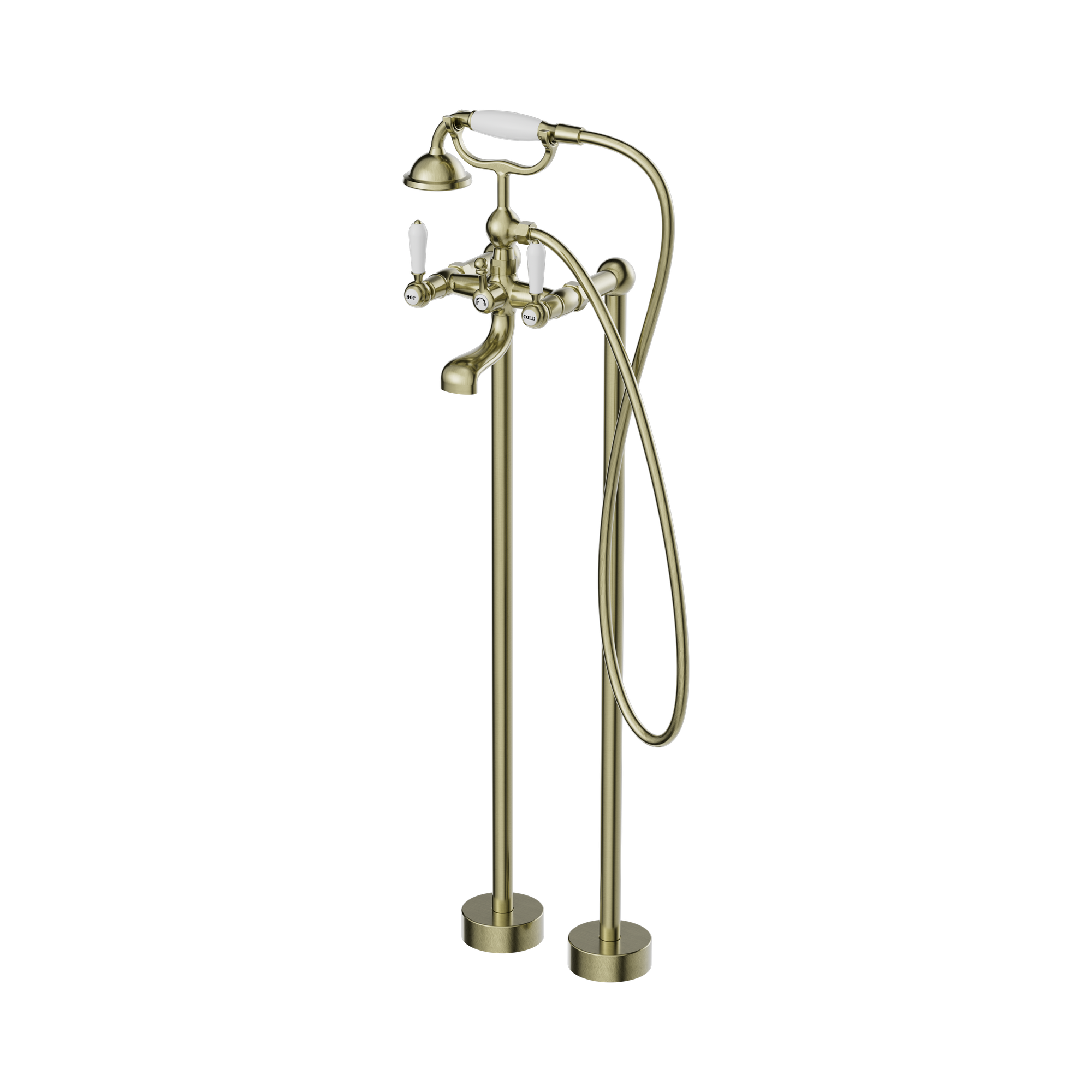 NR692103a01 AB York Freestanding Bath Set With White Porcelain Hand Shower Aged Brass image 1