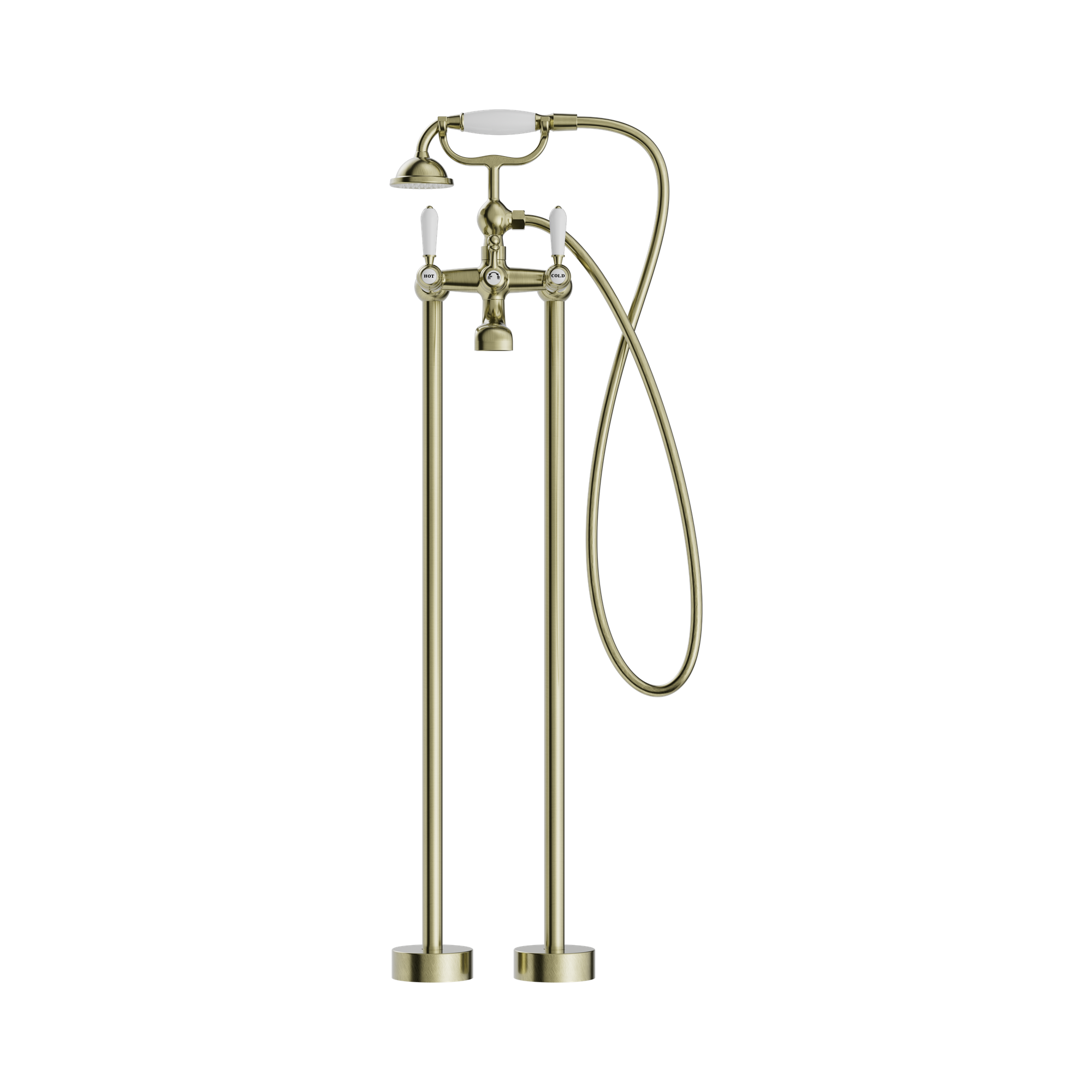 NR692103a01 AB York Freestanding Bath Set With White Porcelain Hand Shower Aged Brass image 2