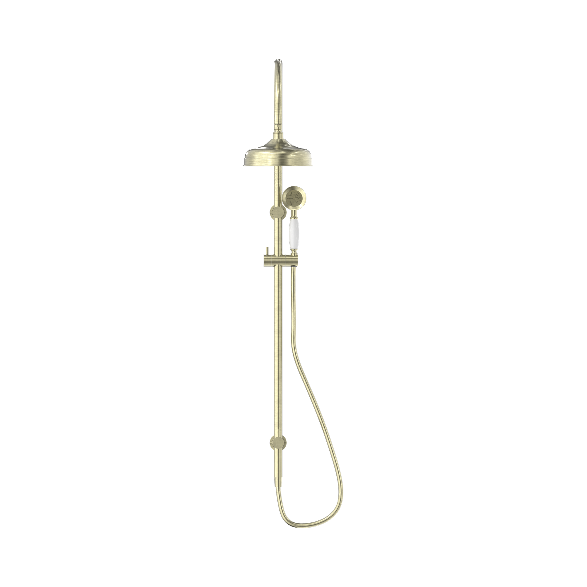 NR69210501 AB York Twin Shower With White Porcelain Hand Shower Aged Brass image 2