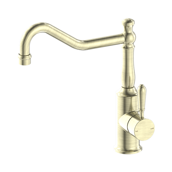 NR69210702 AB York Kitchen Mixer Hook Spout With Metal Lever Aged Brass Thumb