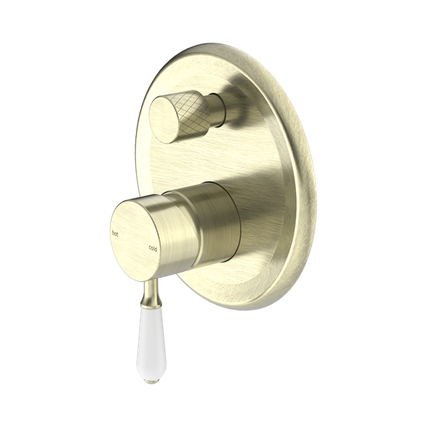 NR692109a01 AB York Shower Mixer With Divertor With White Porcelain Lever Aged Brass Thumb