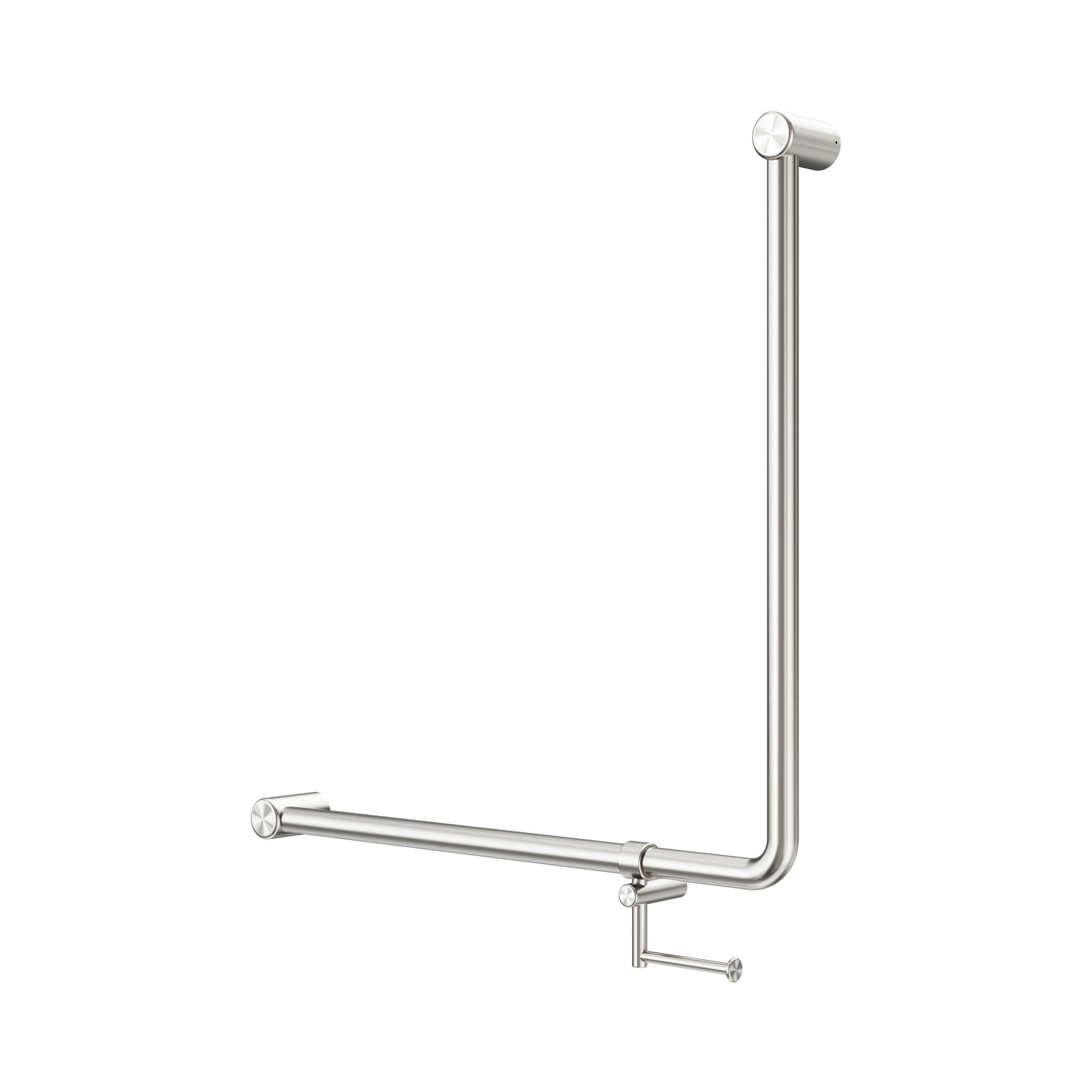 NRCR3290bh BN Mecca Care 32mm 90 Degree Bent Tube Grab Rail 750 X750mm With Toilet Roll Holder Brushed Nickel image 1